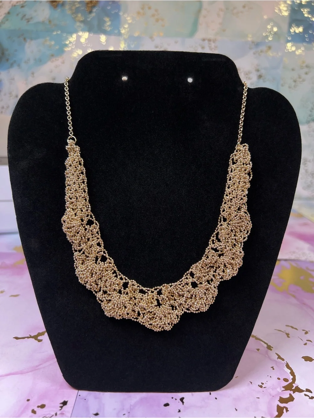 Elegant Gold Beaded Lace Necklace - Women Jewelry